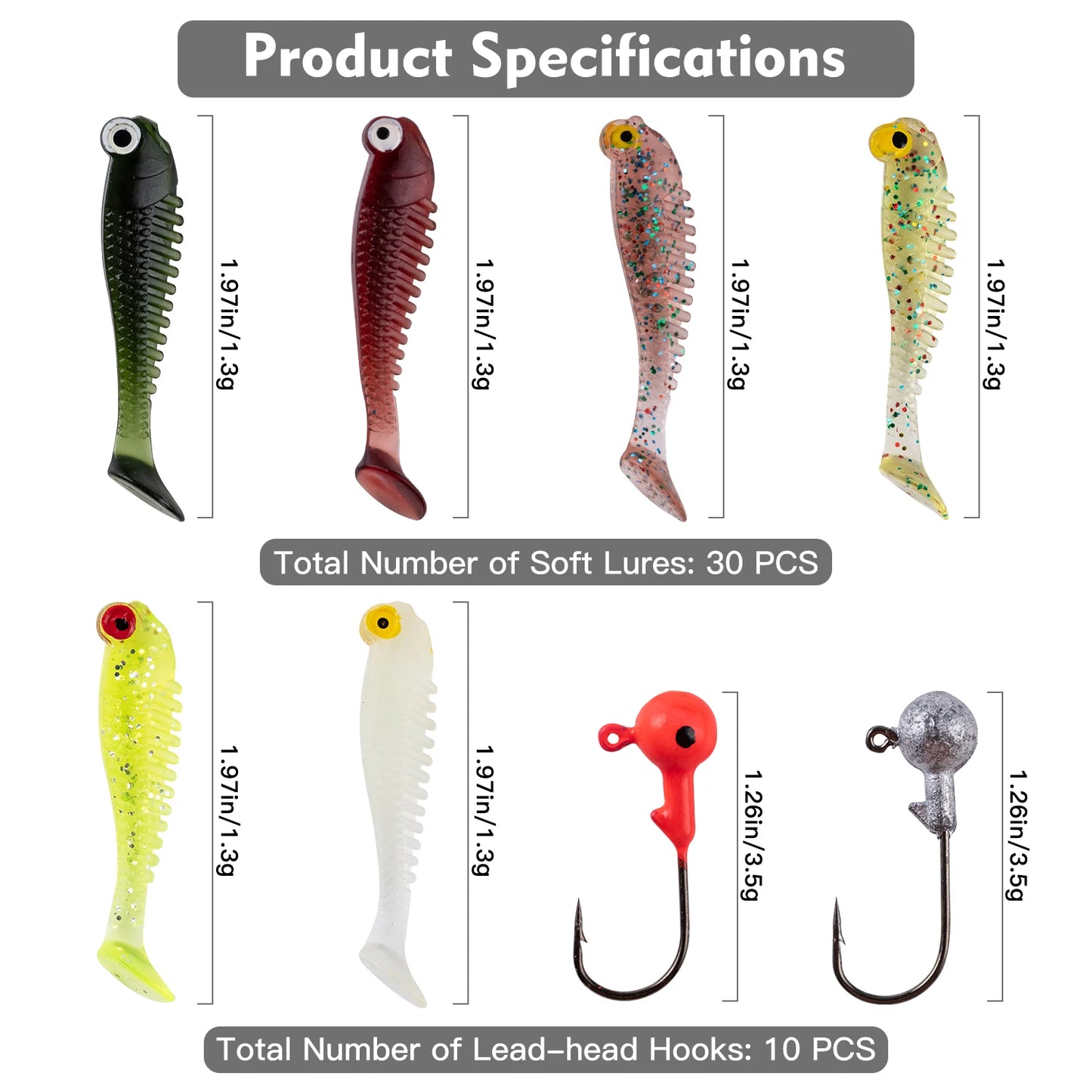 Goture 40pcs/lot Soft Lure Kit Soft Fishing Lure 5cm 0.7g Jig Head Hook 3.2cm 3.5g Fishing Hooks