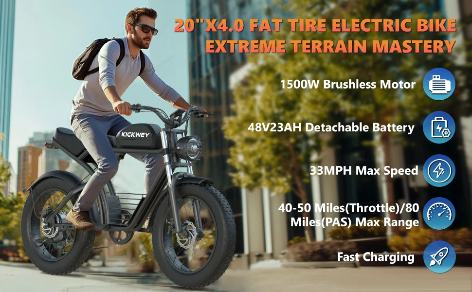 Kickwey K7 Electric bike 1500W Motor 48V 23AH Adult Electric bicycle 20 Inch Fat Tire 32MPH 7-Speed