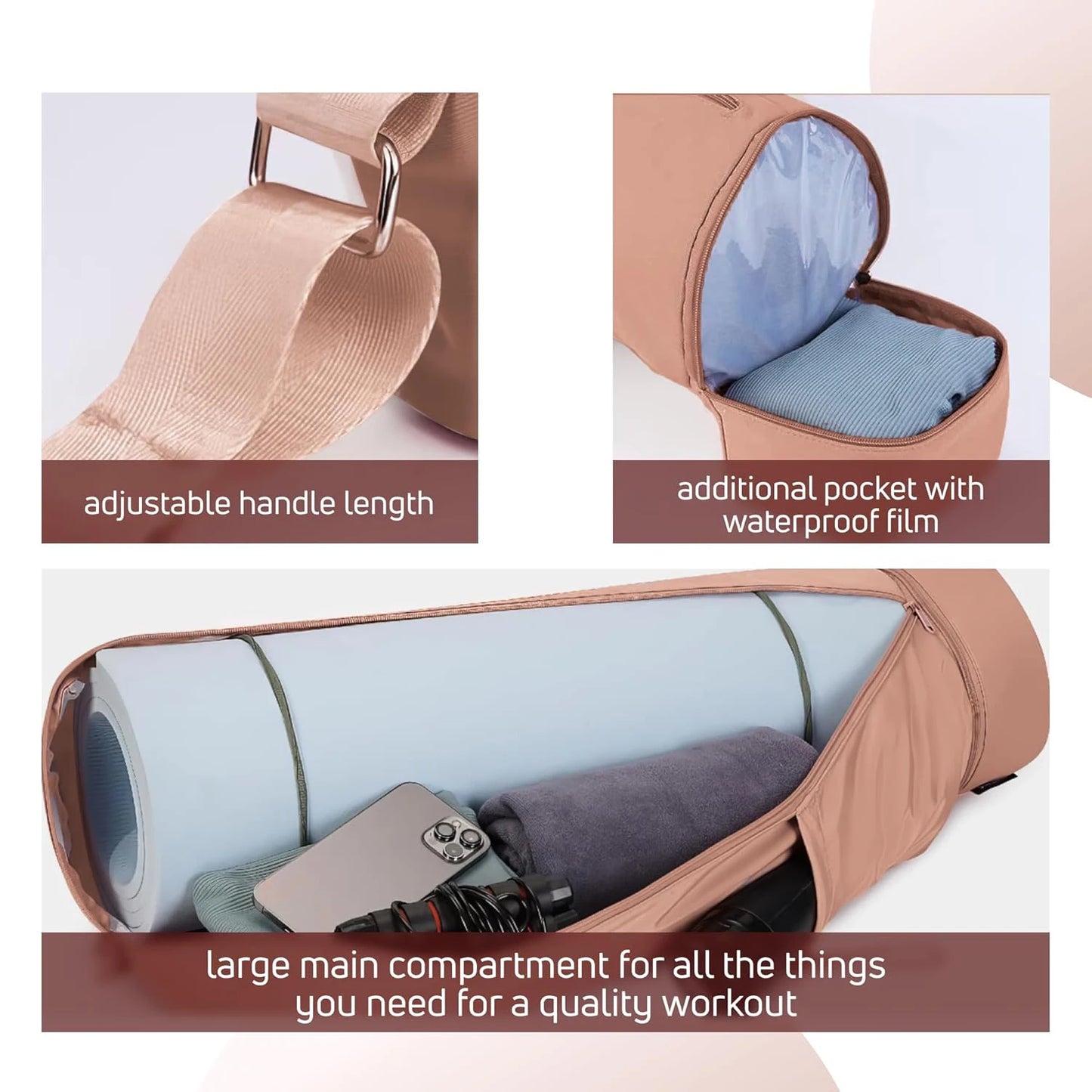 Yoga Mat Bag - Large Opening Long Tote Carrier with Waterproof Wet Pocket and Drawstring Water Bottle Pocket Adjustable Strap