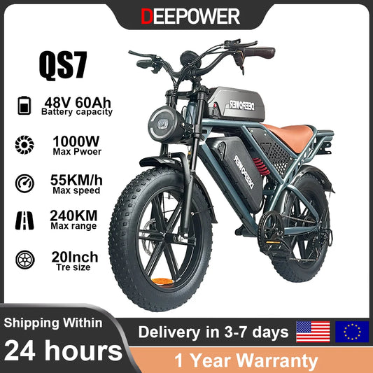 Deepower Electric Bike QS7 1000W 48V 60AH 20 Inch Fat Tire Ebike for Adults Mountain Off-Road Dual Batteries