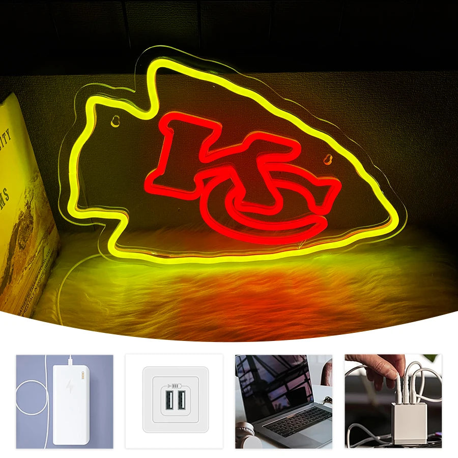 Football Sports Neon Sign Suitable for Chiefs,KC Logo for Wall Decor Stable Lighting Effect