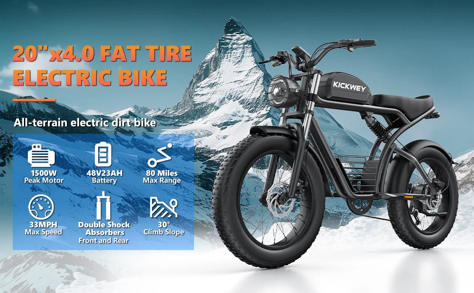 Kickwey K7 Electric bike 1500W Motor 48V 23AH Adult Electric bicycle 20 Inch Fat Tire 32MPH 7-Speed
