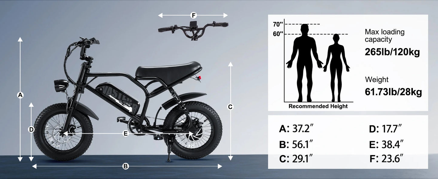 VDL Mountain Electric Bike , 16" Fat Tire Ebike, Wider Seat 800W Peak Motor, Removable Battery,